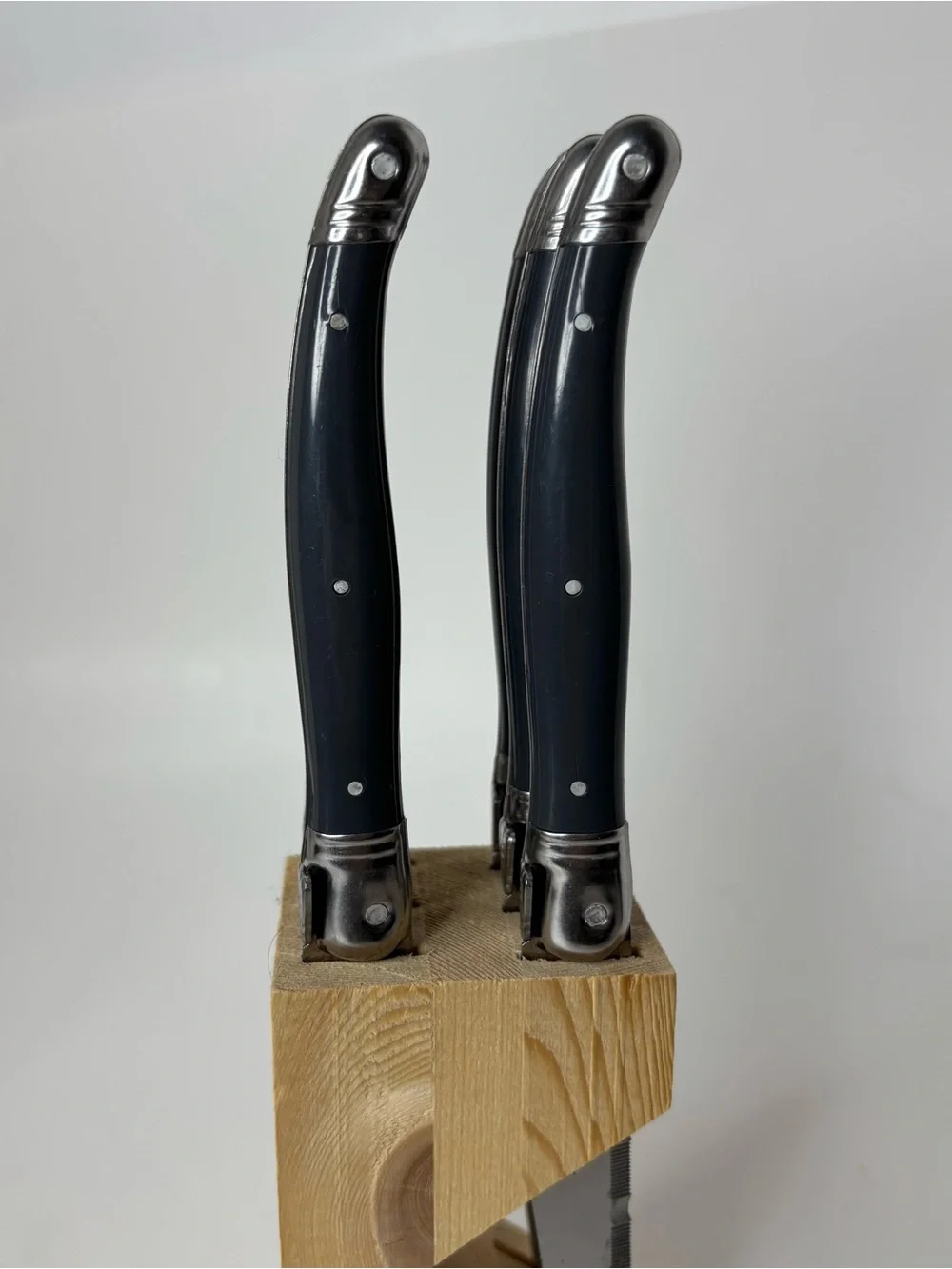 Laguiole Jean Dubost SS 6-Pc STEAK Gray KNIFE SET / Wooden Block France Used but